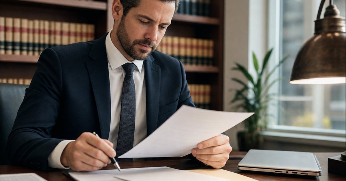 A tax attorney at a desk reviewing a wage garnishment case file, Victory Tax Lawyers