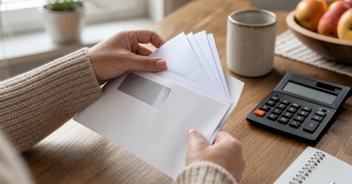 Taxpayer opening a stack of New York State tax notices at a kitchen table