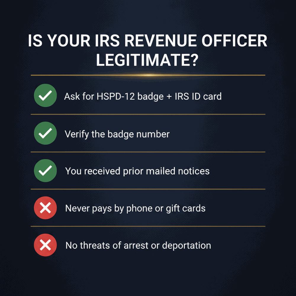 Checklist infographic for confirming a legitimate IRS Revenue Officer and spotting scams