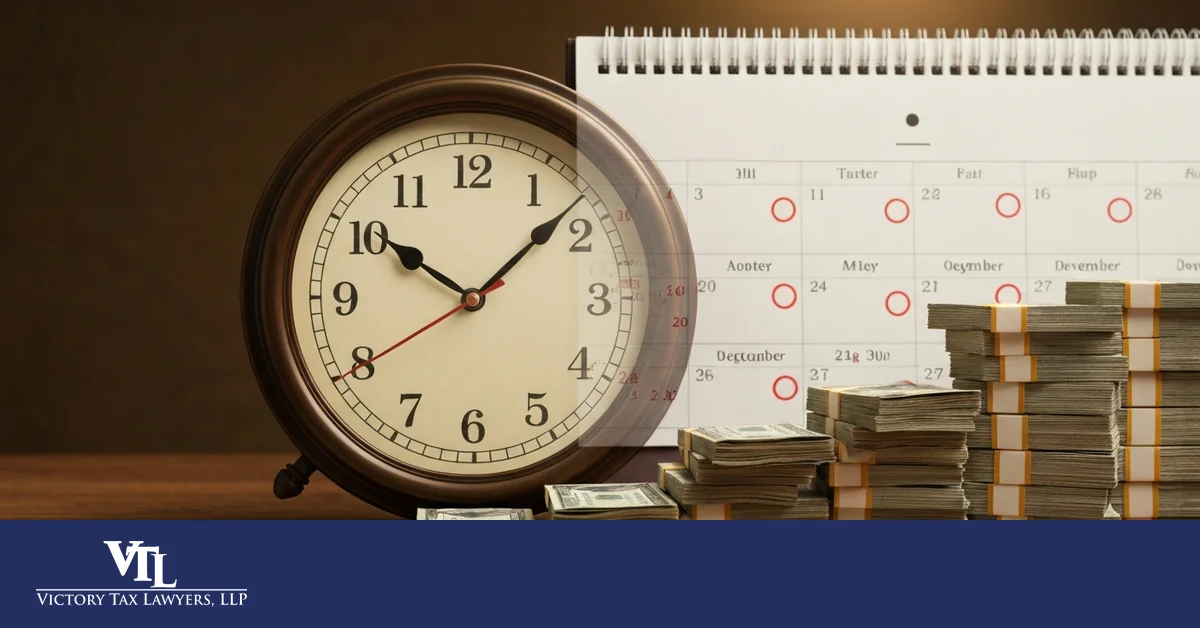 Wall clock beside a calendar with red-circled past dates and stacks of cash growing in size, illustrating how late tax penalties accumulate over time