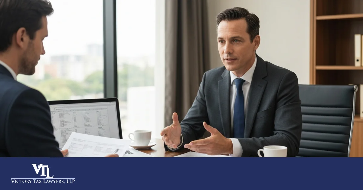 Tax attorney explaining options to a client across a conference table with tax documents and a calculator, illustrating the value of professional tax representation