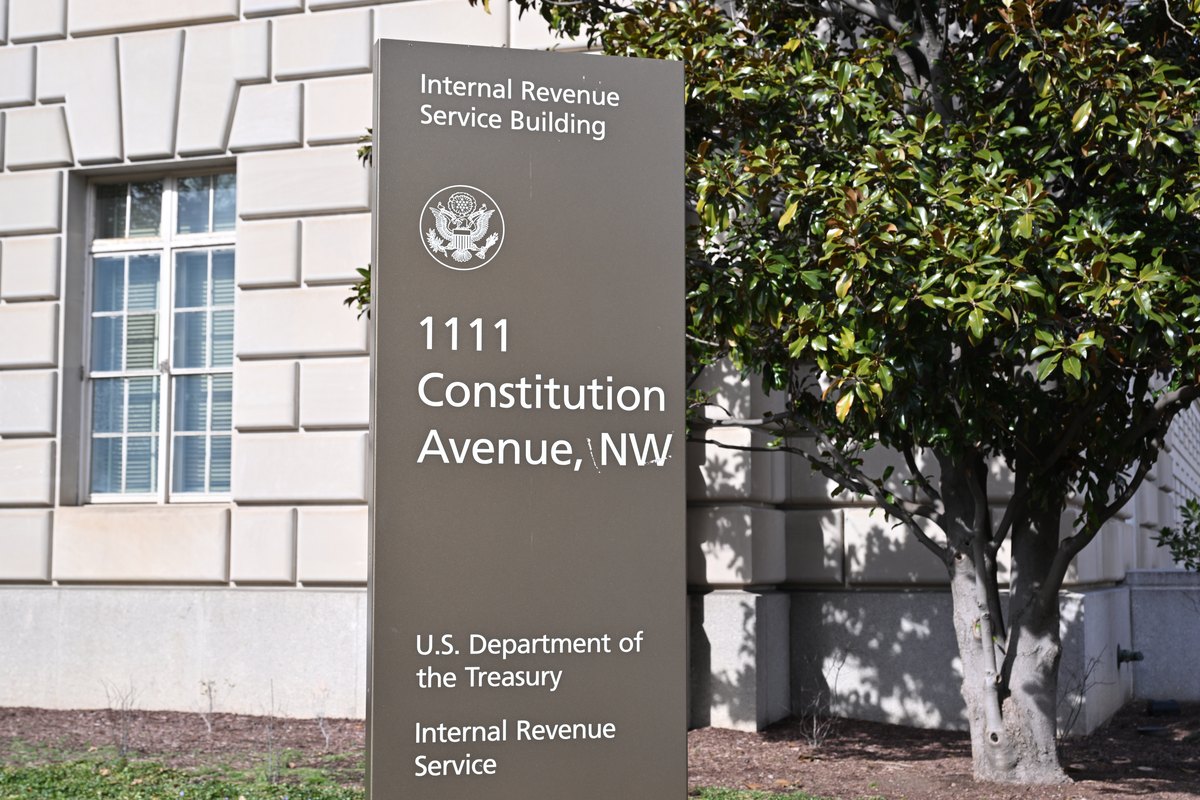 Sign outside the Internal Revenue Service building at 1111 Constitution Avenue NW, US Department of the Treasury