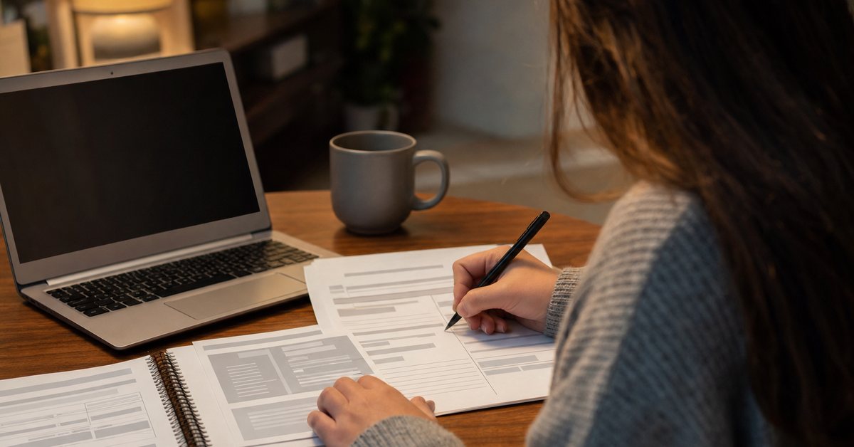 A person completing a late tax return at a kitchen table beside a laptop, Victory Tax Lawyers