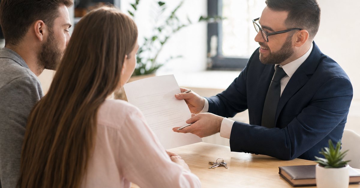 A lending adviser reviewing paperwork with a couple, house keys on the desk, Victory Tax Lawyers