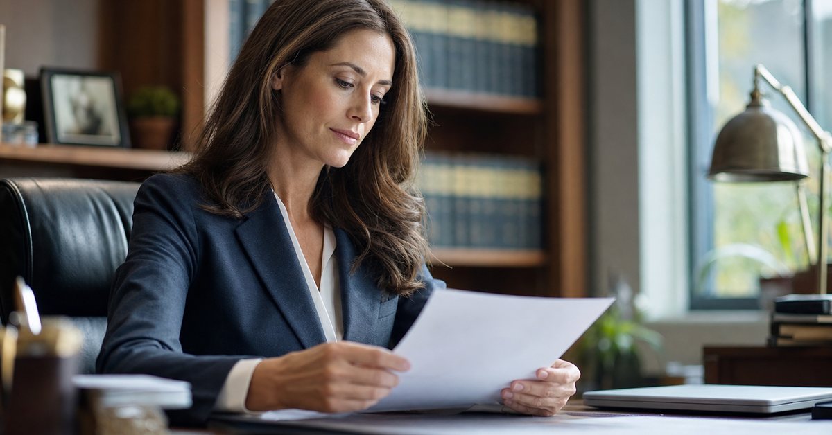 A tax attorney reviewing case documents at a desk in a law office, Victory Tax Lawyers