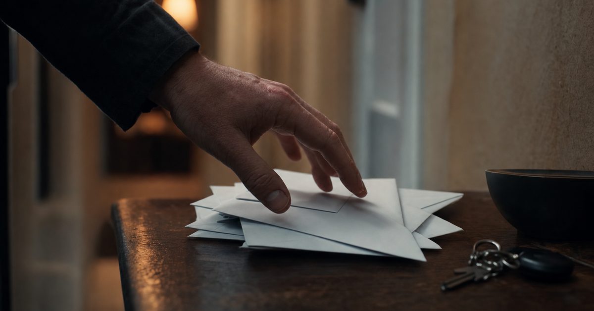 A hand hesitating over a pile of unopened envelopes on a hallway table, Victory Tax Lawyers