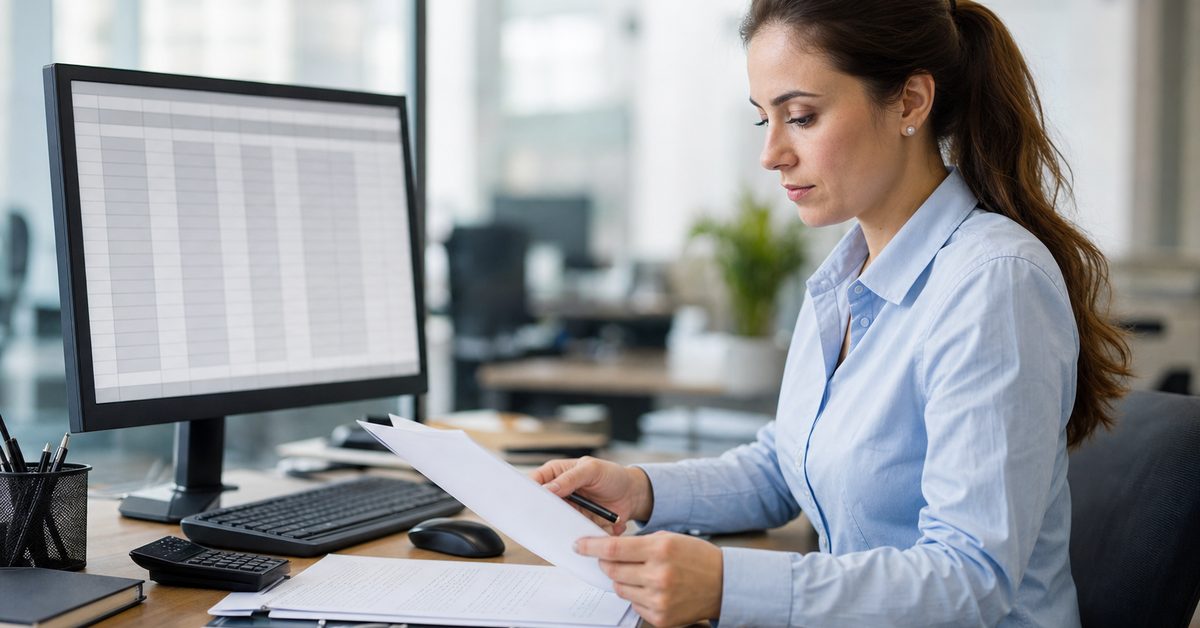 A payroll administrator reviewing withholding paperwork at an office desk, Victory Tax Lawyers