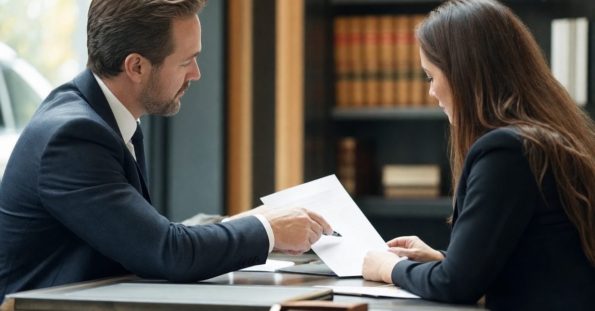 A tax attorney reviewing a document with a client across a desk, Victory Tax Lawyers