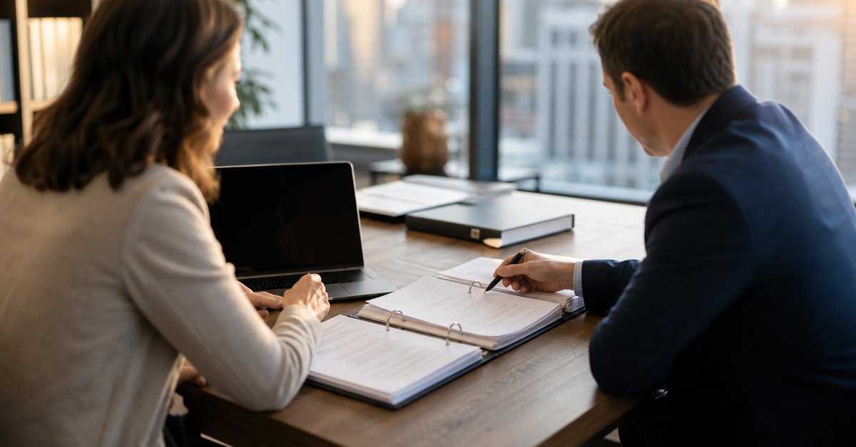 Tax advisor and business owner reviewing organized audit binders before a New York DOL audit