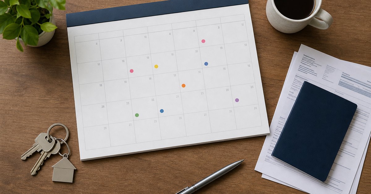 Calendar with marked days, house keys, and household bills used to document where a taxpayer spent the year