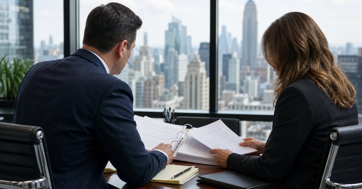 Two tax professionals reviewing a binder of audit documents in an office overlooking the Manhattan skyline
