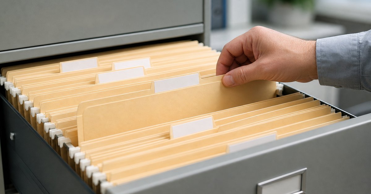 Hand pulling a folder of customer resale and exemption certificates from an office filing cabinet