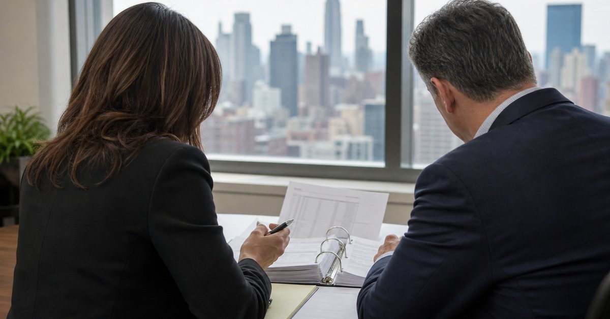 Tax advisor and business owner reviewing audit paperwork in an office overlooking the New York skyline