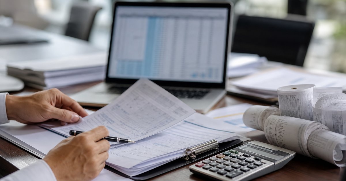 Auditor reviewing sales invoices, register tapes and a calculator during a New York sales tax audit